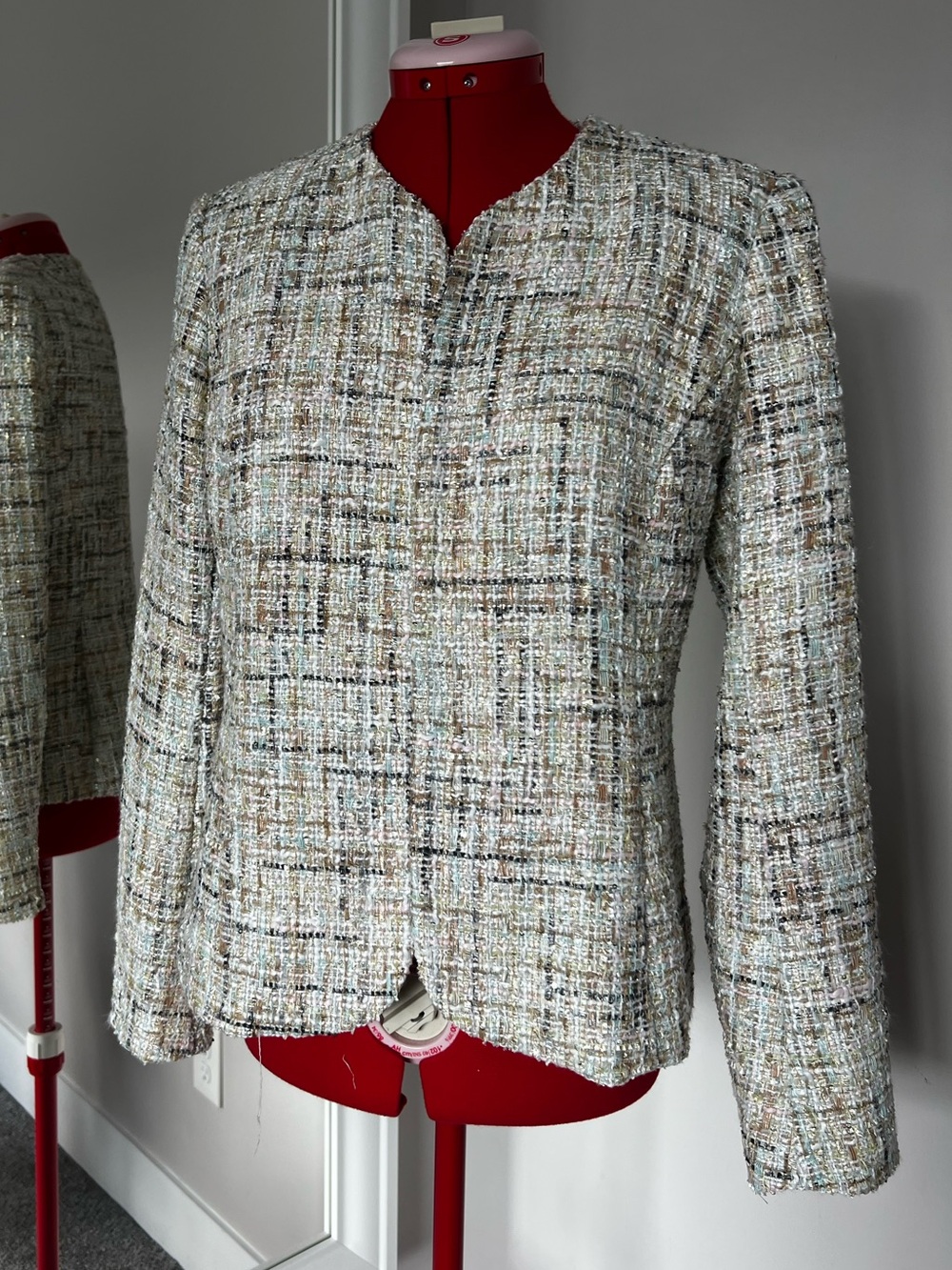 Anne Klein Cream Multicolor Tweed Open-Front Blazer